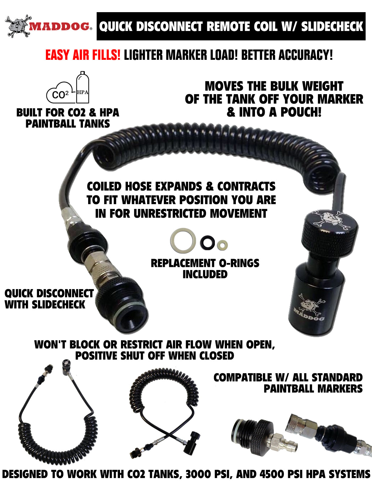 Maddog Quick Disconnect Paintball Tank Remote Coil - High Pressure Air (HPA) & CO2