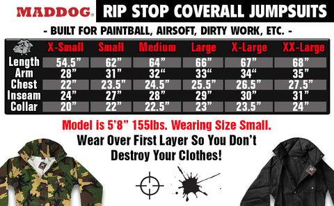 CLEARANCE - Maddog Tactical Paintball Rip Stop Coverall Jumpsuit - Black - Small - USED