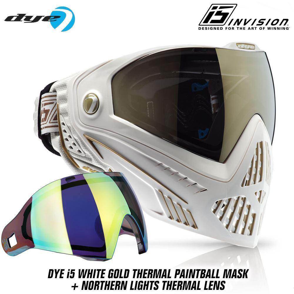 Dye I5 Thermal Paintball Mask Goggles with GSR Pro Strap - White / Gold - PaintballDeals.com