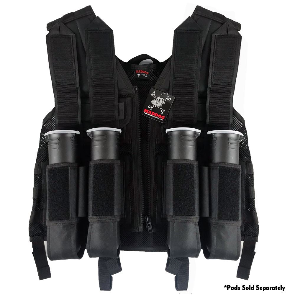 CLEARANCE Maddog Tactical Paintball Battle Vest with Tank and Pod Holder Attachments - Black | USED But NOT Abused