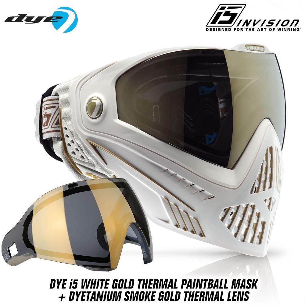 Dye I5 Thermal Paintball Mask Goggles with GSR Pro Strap - White / Gold - PaintballDeals.com