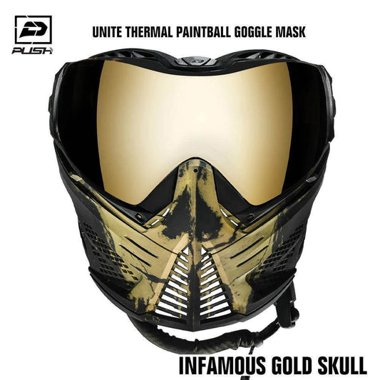 Push Unite Thermal Paintball Goggle Mask w/ Protective Case - Infamous Gold Skull - PaintballDeals.com