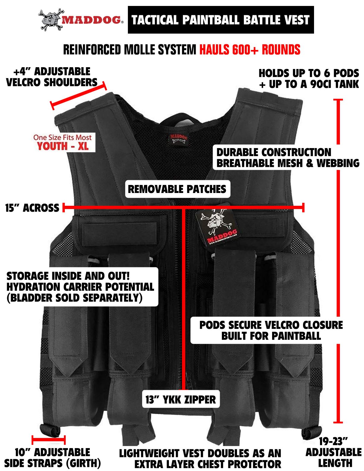 CLEARANCE Maddog Tactical Paintball Battle Vest with Tank and Pod Holder Attachments - Black | USED But NOT Abused