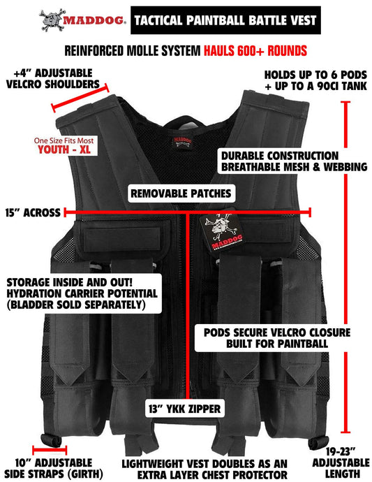CLEARANCE Maddog Tactical Paintball Battle Vest with Tank and Pod Holder Attachments - Black | Used