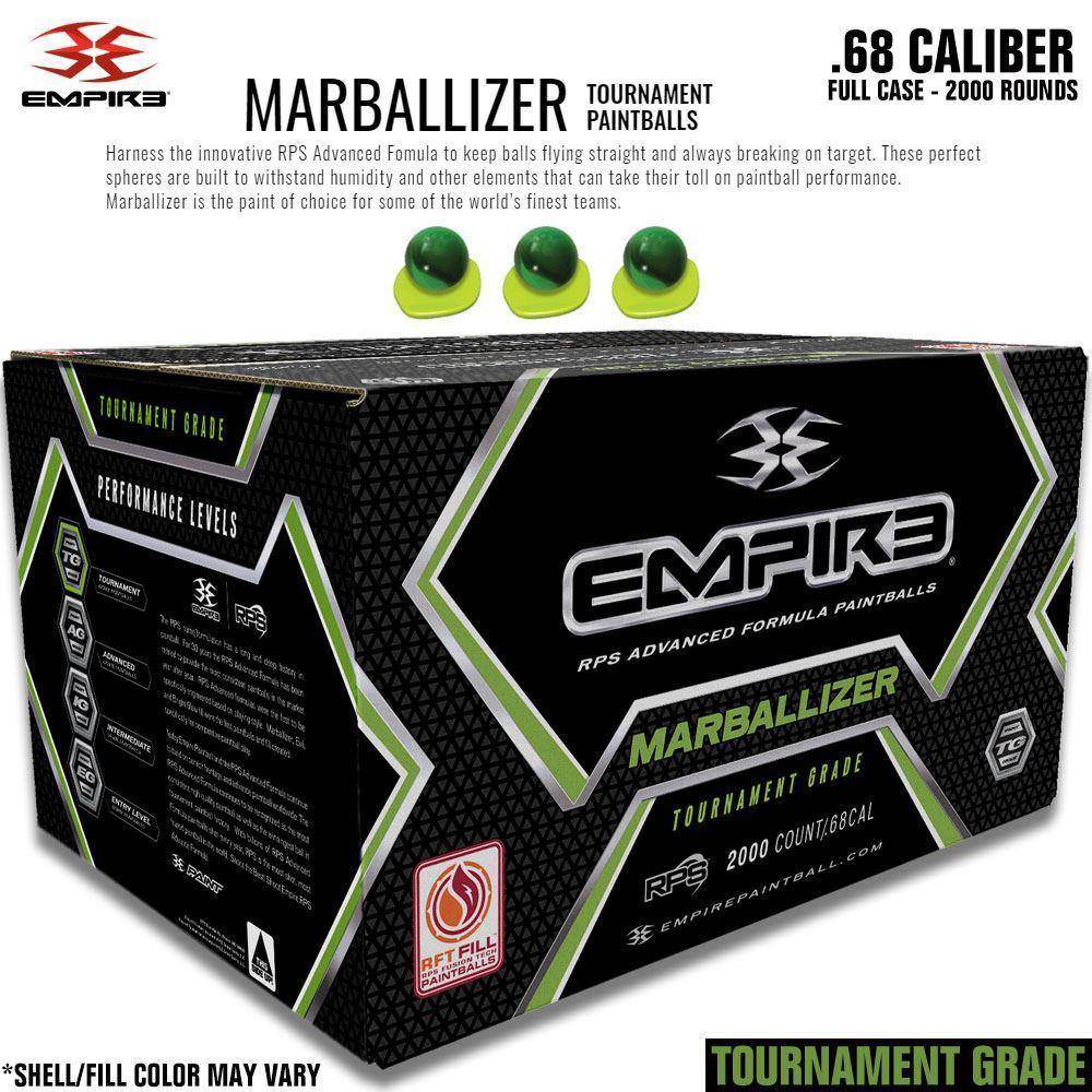 Empire Marballizer .68 Caliber Paintballs - Clear Blue Swirl Shell / Yellow Fill - Full Case 2,000 Rounds - PaintballDeals.com