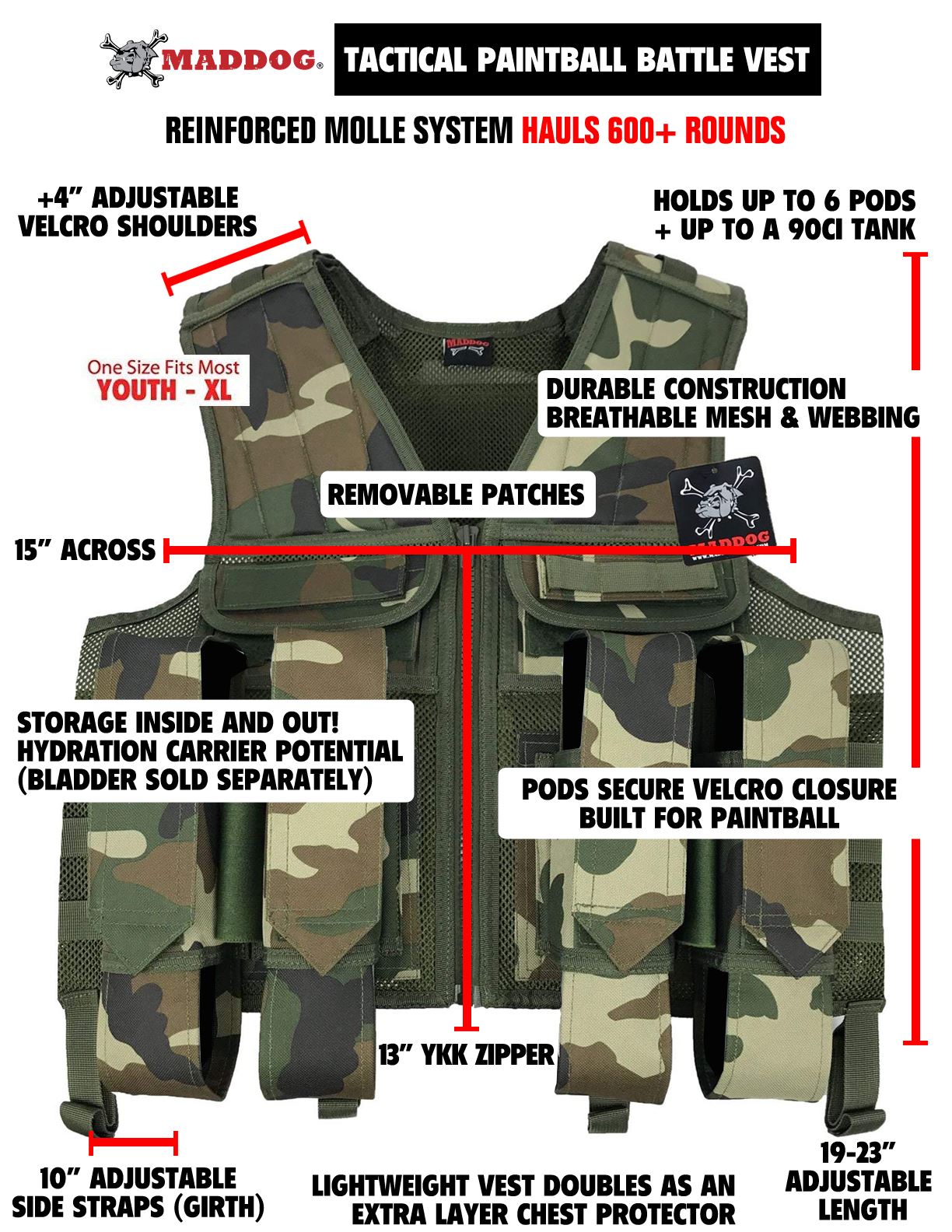 CLEARANCE Maddog Tactical Paintball Battle Vest Woodland Camo Airsoft Milsim USED But NOT Abused