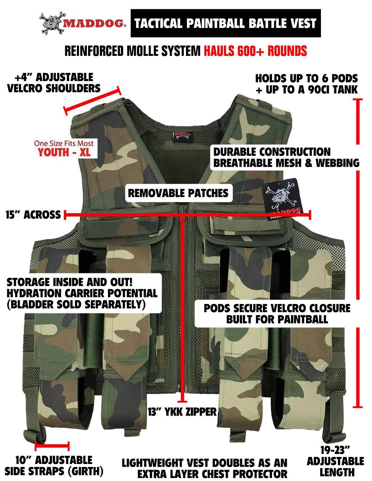 Maddog Tactical Paintball Battle Vest | Holds 6 Pods & Tank Up to 90ci