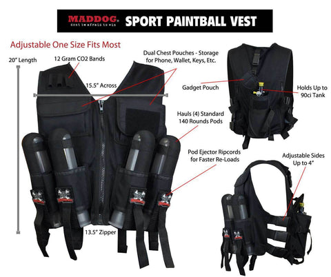 CLEARANCE - Maddog Lightweight Paintball Sport Vest - Black - OPEN BOX