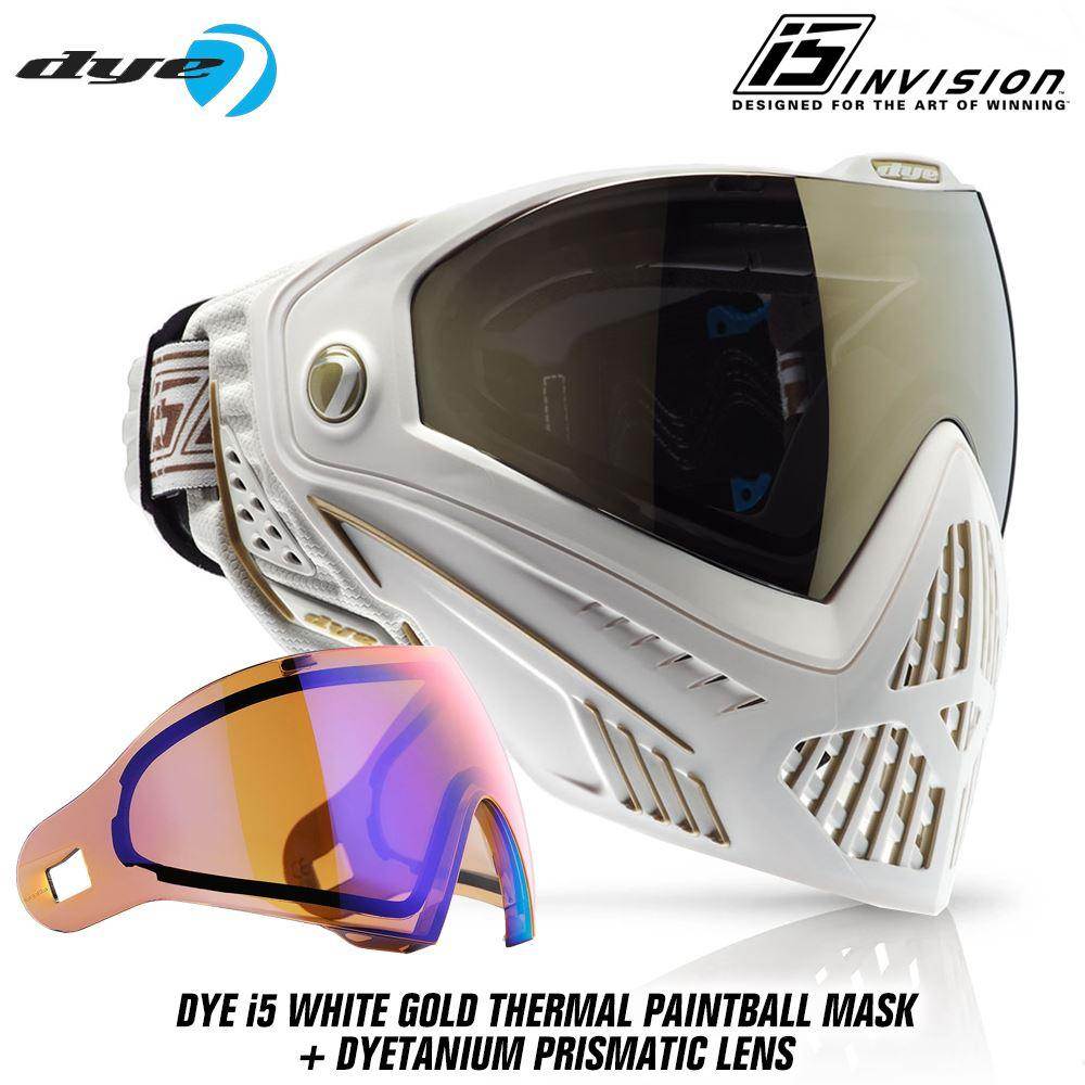 Dye I5 Thermal Paintball Mask Goggles with GSR Pro Strap - White / Gold - PaintballDeals.com
