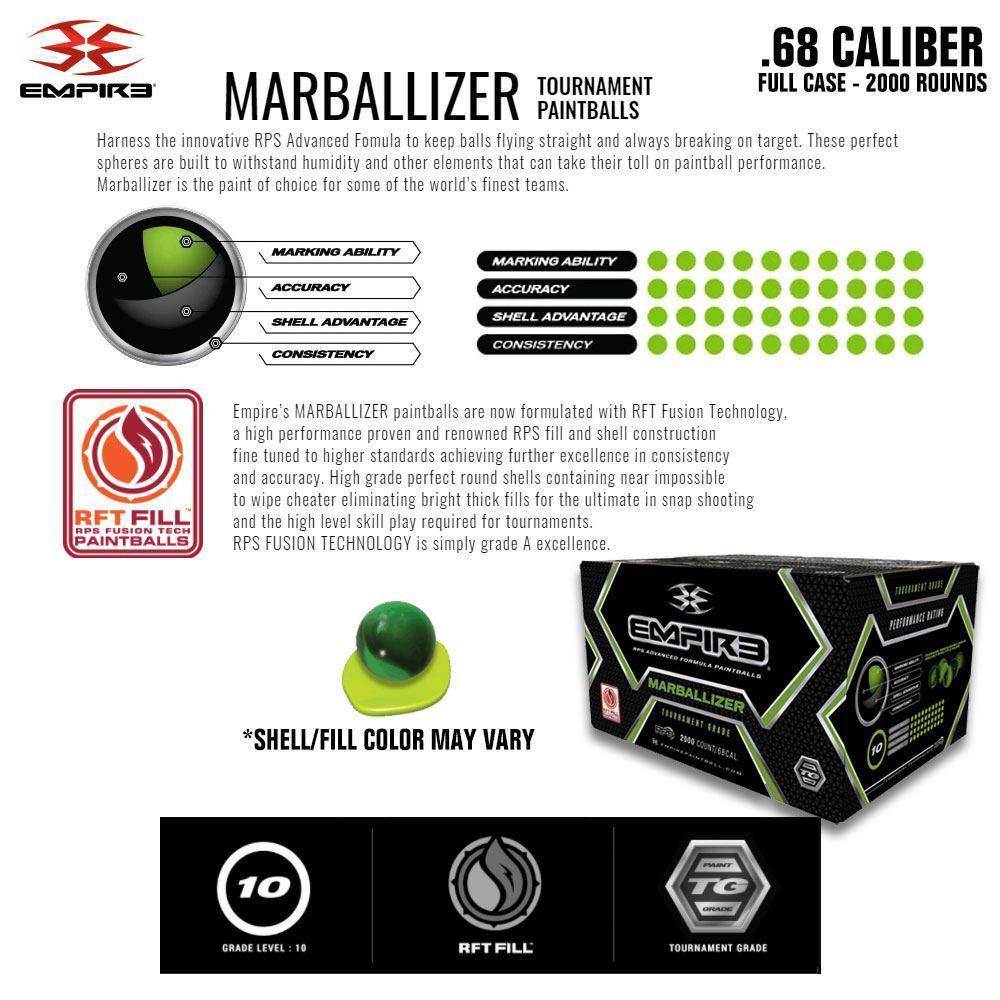 Empire Marballizer .68 Caliber Paintballs - Clear Blue Swirl Shell / Yellow Fill - Full Case 2,000 Rounds - PaintballDeals.com