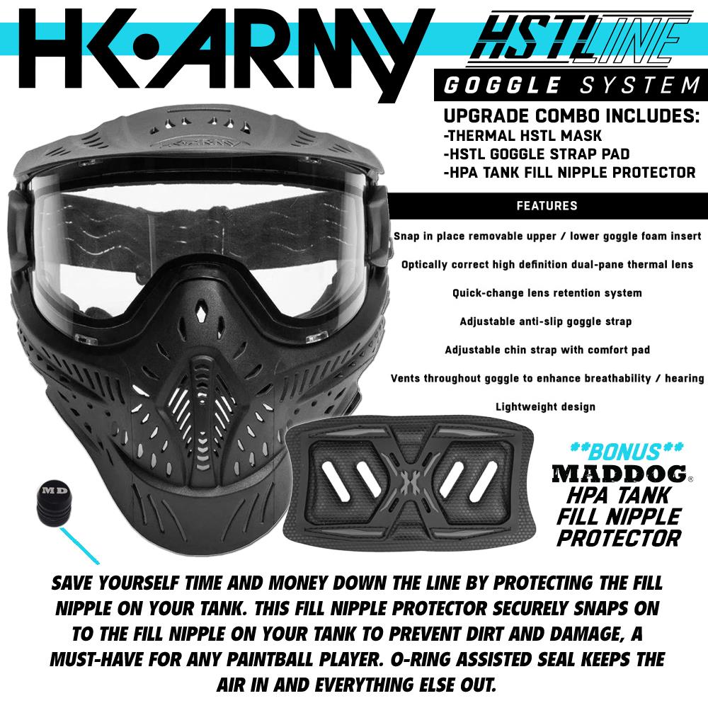 HK Army HSTL Goggle Thermal Anti-Fog Paintball Mask w/ Upgrade Strap Pad Combo + Maddog HPA Paintball Tank Fill Nipple Protector