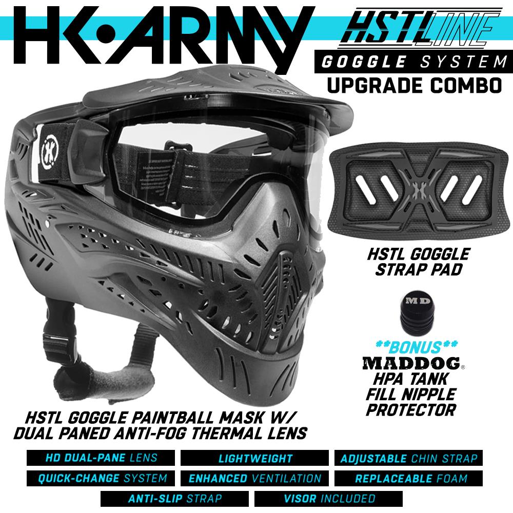 HK Army HSTL Goggle Thermal Anti-Fog Paintball Mask w/ Upgrade Strap Pad Combo + Maddog HPA Paintball Tank Fill Nipple Protector