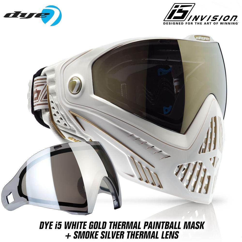 Dye I5 Thermal Paintball Mask Goggles with GSR Pro Strap - White / Gold - PaintballDeals.com