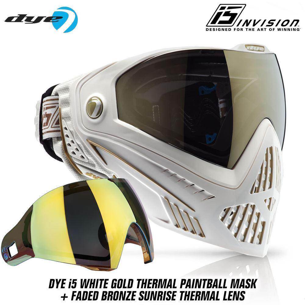 Dye I5 Thermal Paintball Mask Goggles with GSR Pro Strap - White / Gold - PaintballDeals.com