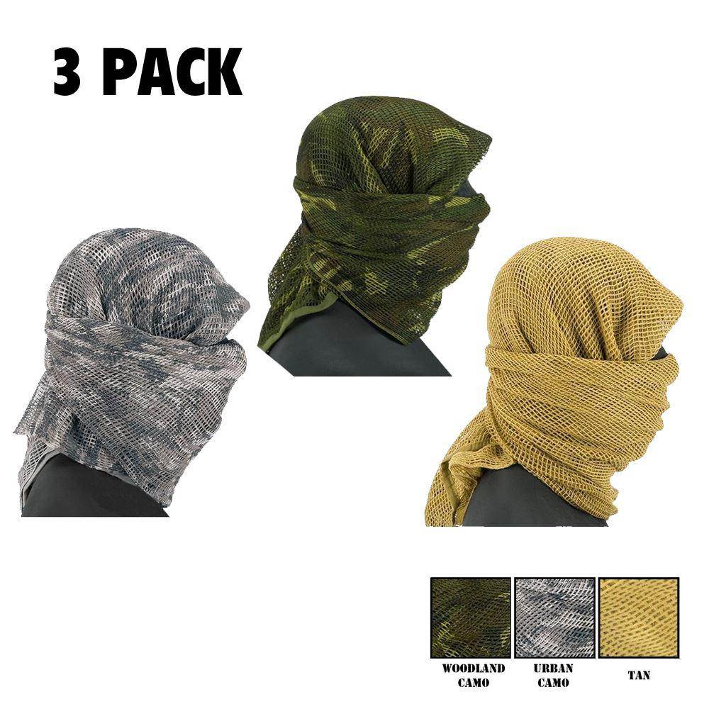 Zephyr Tactical Mesh Sniper Veil Desert Shemagh - Urban -Woodland Camo - Desert Tan - 3 Pack