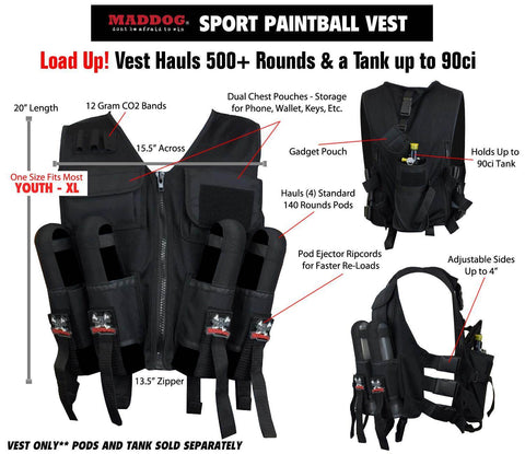 Maddog Lightweight Tactical Paintball Sport Vest | Holds 4 Pods & Tank Up to 90ci