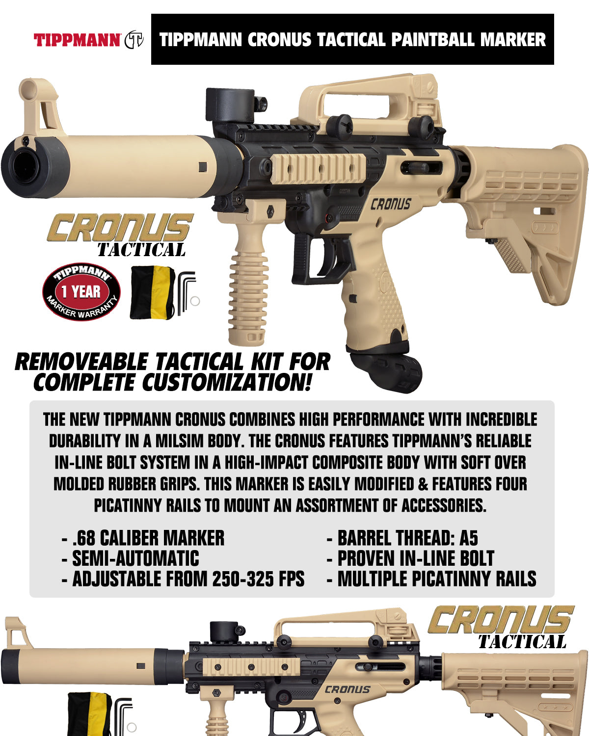 Tippmann Cronus Tactical Gold Paintball Gun Package