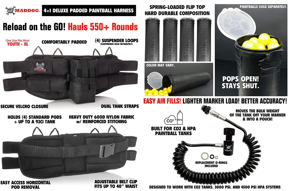 Maddog 4+1 Paintball Harness, Pods & Quick Disconnect Remote Coil Combo