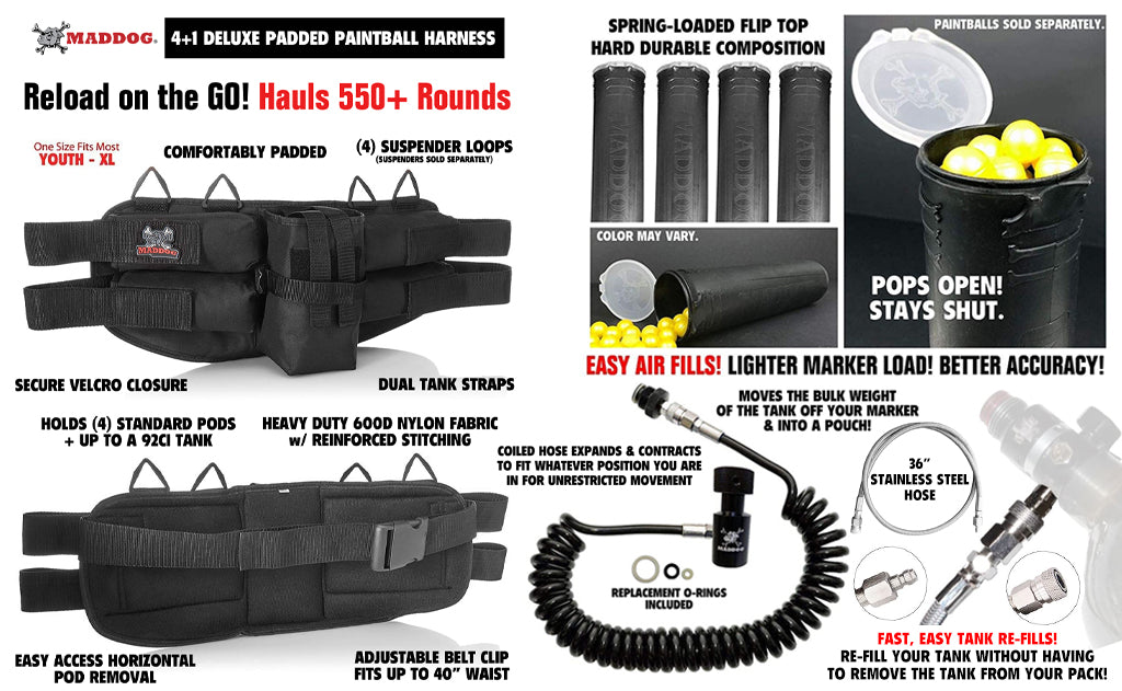 Maddog 4+1 Paintball Harness, Pods, Quick Disconnect Remote Coil, & Fill Whip Accessory Combo