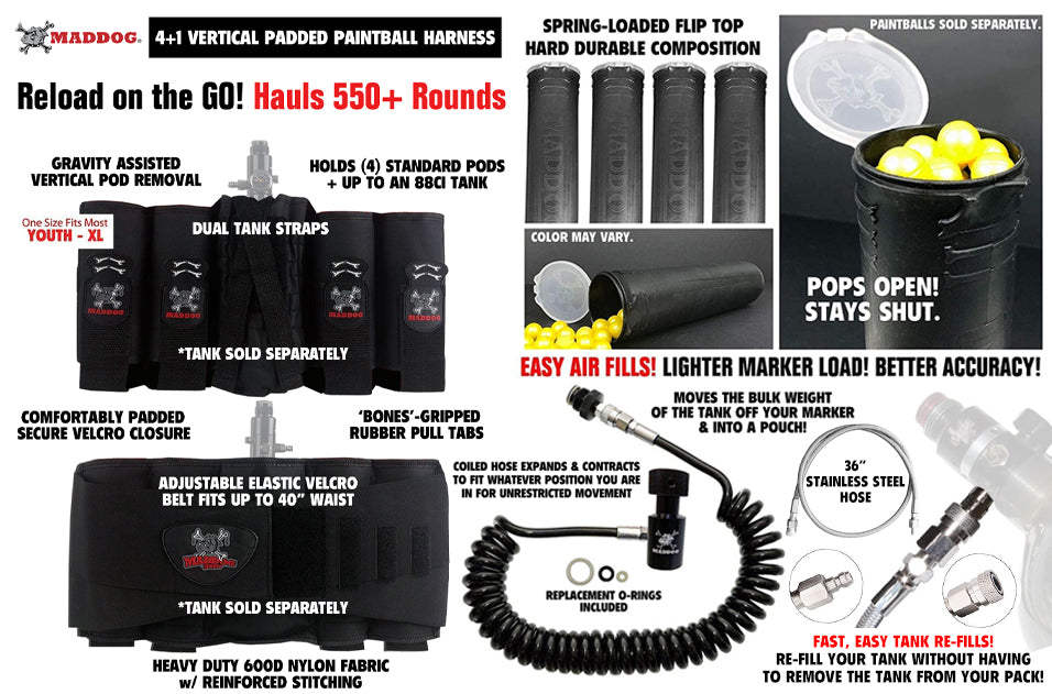 Maddog 4+1 Vertical Paintball Harness, Paintball Pods, Quick Disconnect Remote Coil, and Fill Whip Combo