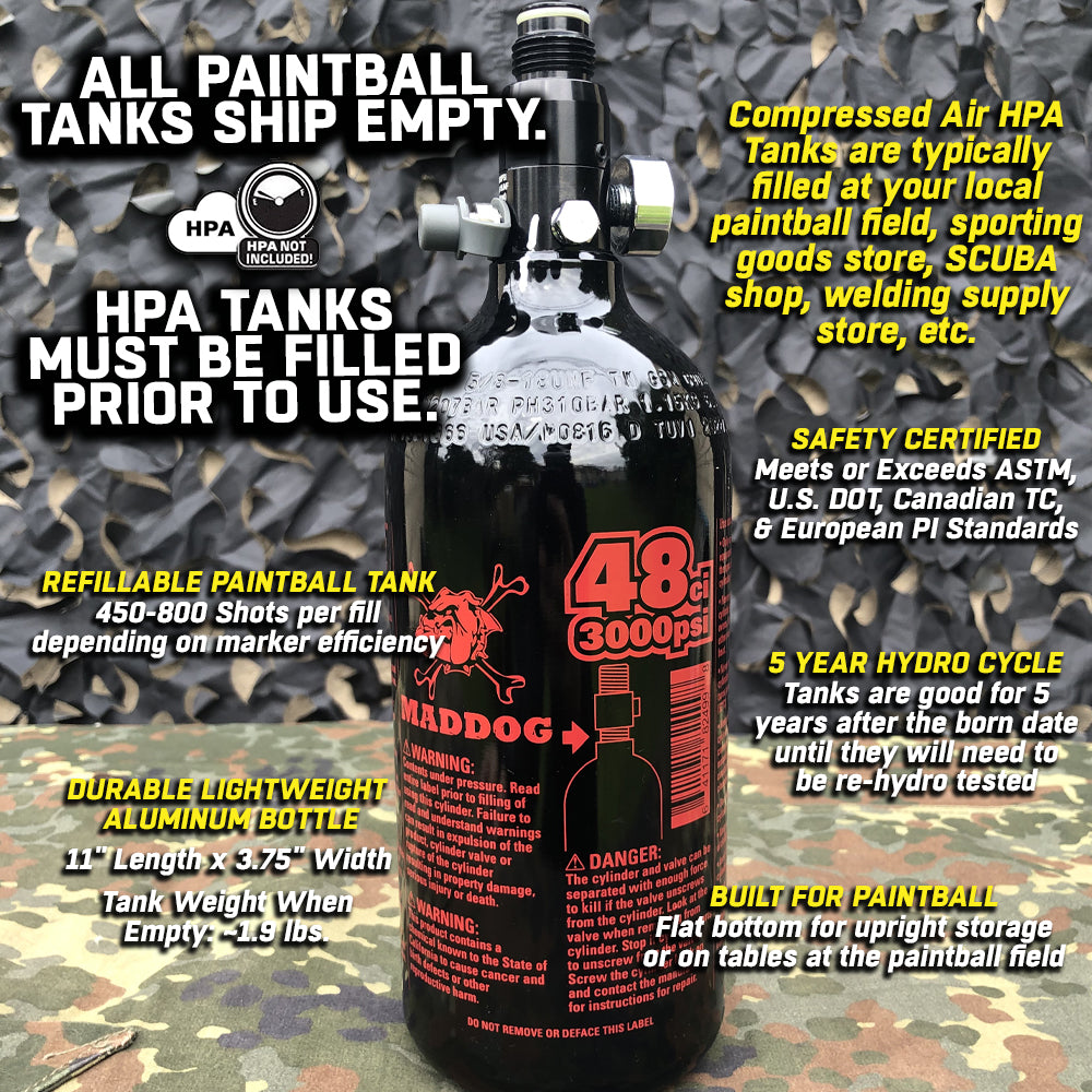 Maddog 48/3000 Compressed Air Aluminum HPA Paintball Tank with Regulator - 5 Yr Hydro
