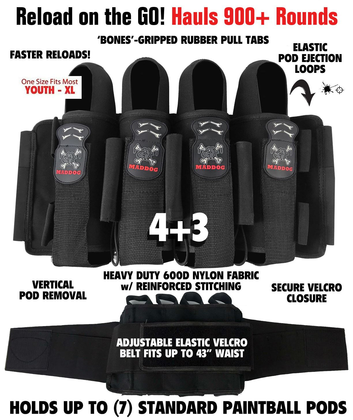 CLEARANCE Maddog Pro 4+3 Paintball Harness Pod Pack with (4) 150 Round BONES Paintball Pods