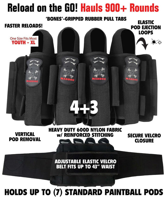 Maddog Pro 4+3 Paintball Harness Pod Pack with (4) 150 Round BONES Paintball Pods