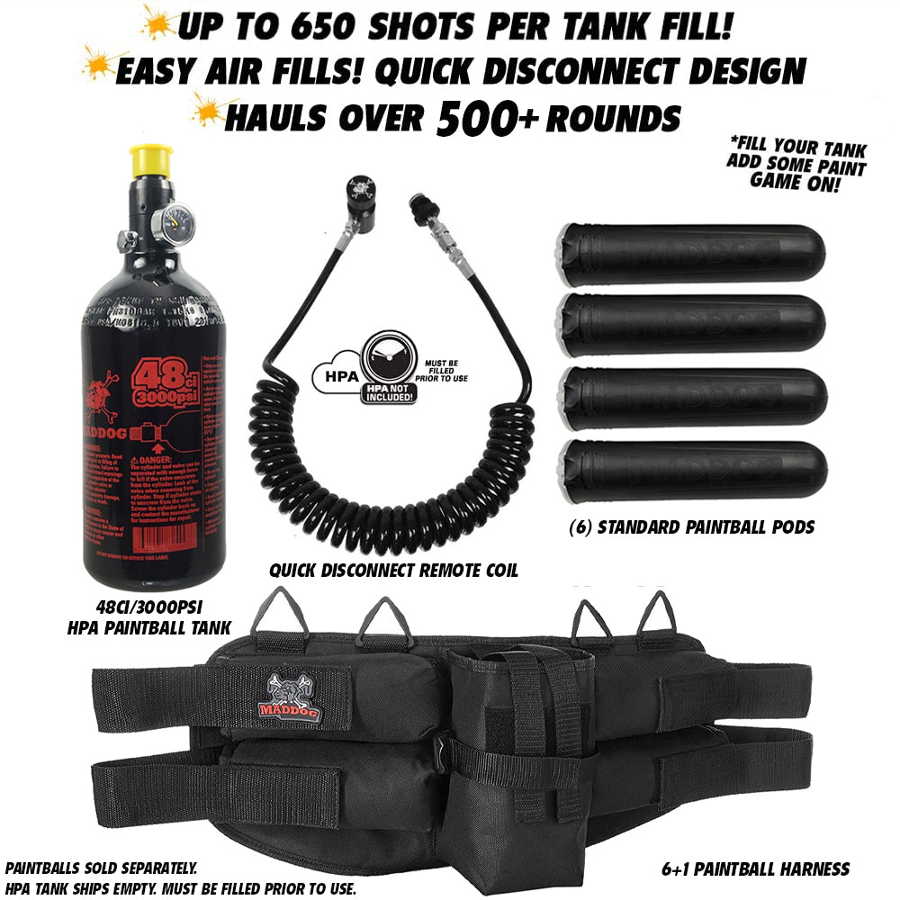 Maddog 4+1 Paintball Harness w/ Pods, 48/3000 HPA Tank & Standard Remote Coil