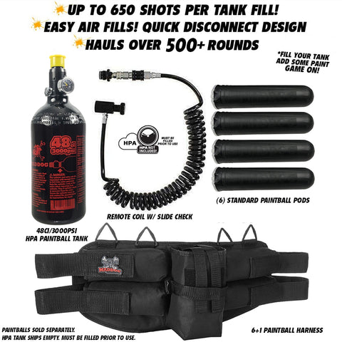 Maddog 4+1 Paintball Harness w/ Pods, 48/3000 HPA Tank & Remote Coil w/ Slidecheck