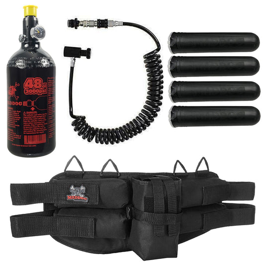 Maddog 4+1 Paintball Harness w/ Pods, 48/3000 HPA Tank & Remote Coil w/ Slidecheck