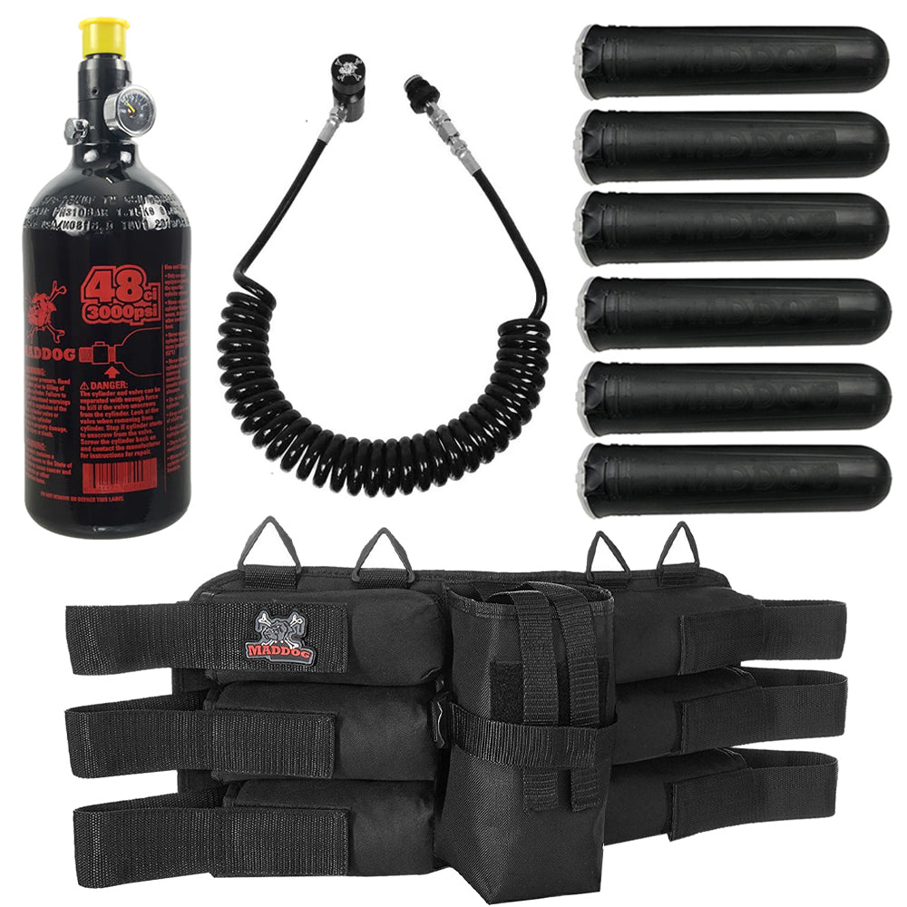 Maddog Sports 6+1 Paintball Harness w/ Pods, 48/3000 HPA Tank & Standard Remote Coil