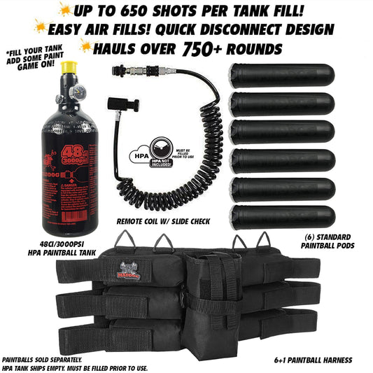 Maddog Sports 6+1 Paintball Harness w/ Pods, 48/3000 HPA Tank & Remote Coil w/ Slidecheck