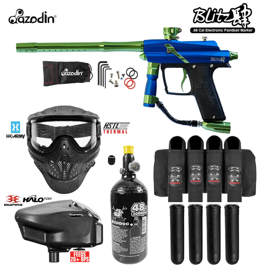 Azodin Blitz 4 Electronic Full Auto Paintball Gun Marker w/ 48/3000 Compressed Air HPA Paintball Tank, HK Army HSTL Thermal Paintball Mask, Empire Halo Too Electronic Paintball Loader, & Paintball Pod Harness Starter Package