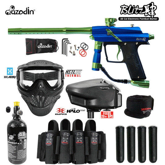 Azodin Blitz 4 Electronic Full Auto Paintball Gun Marker Starter Package w/ 48/3000 HPA Paintball Tank, Empire Halo Too Electronic Paintball Loader, HK Army HSTL Thermal Paintball Mask, Padded Neck Protector, 4+3 Paintball Harness & (4) Paintball Pods