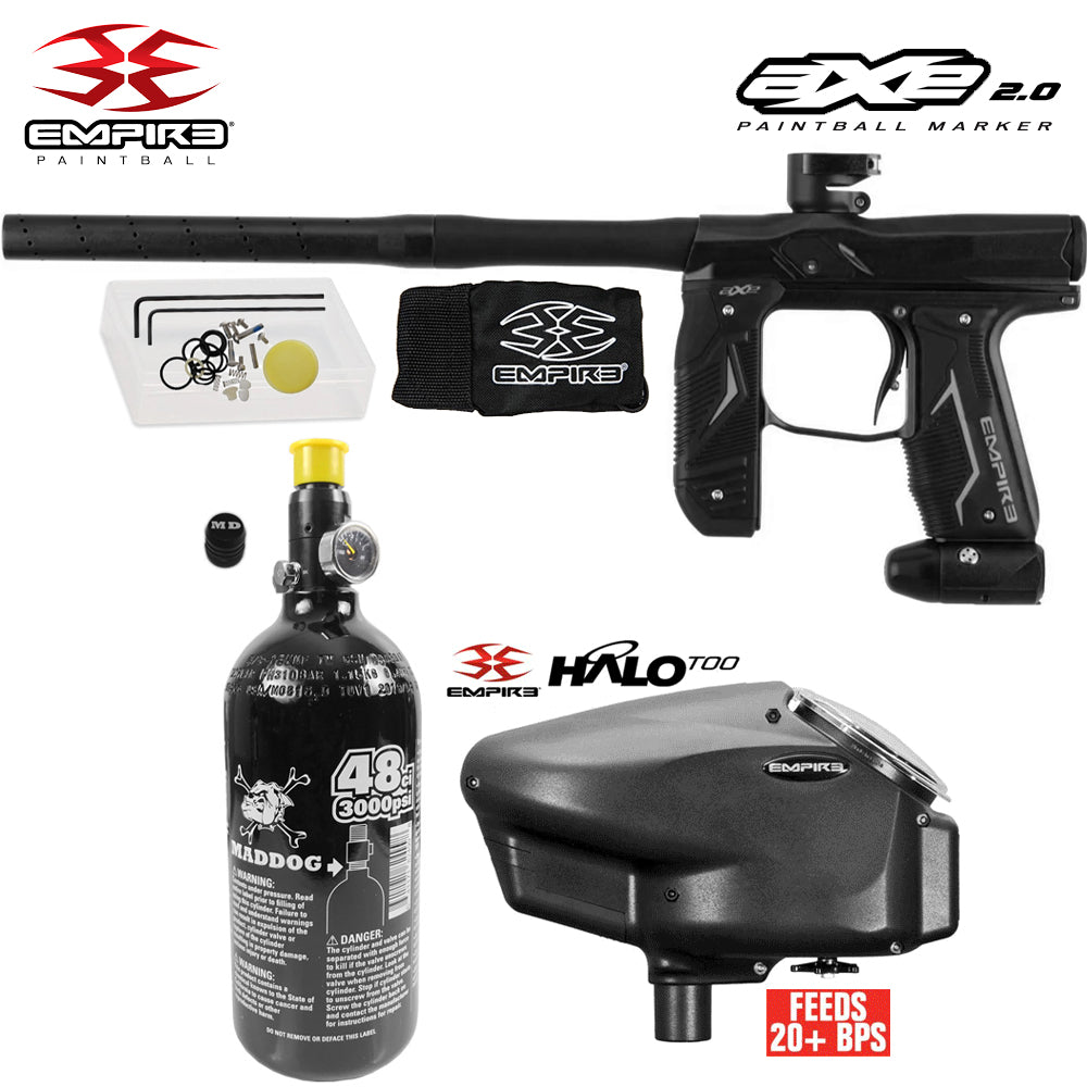 Empire Axe 2.0  Electronic Full Auto Paintball Gun Starter Package w/ 48/3000 Compressed Air HPA Paintball Tank & Empire Halo Too Electronic Paintball Loader