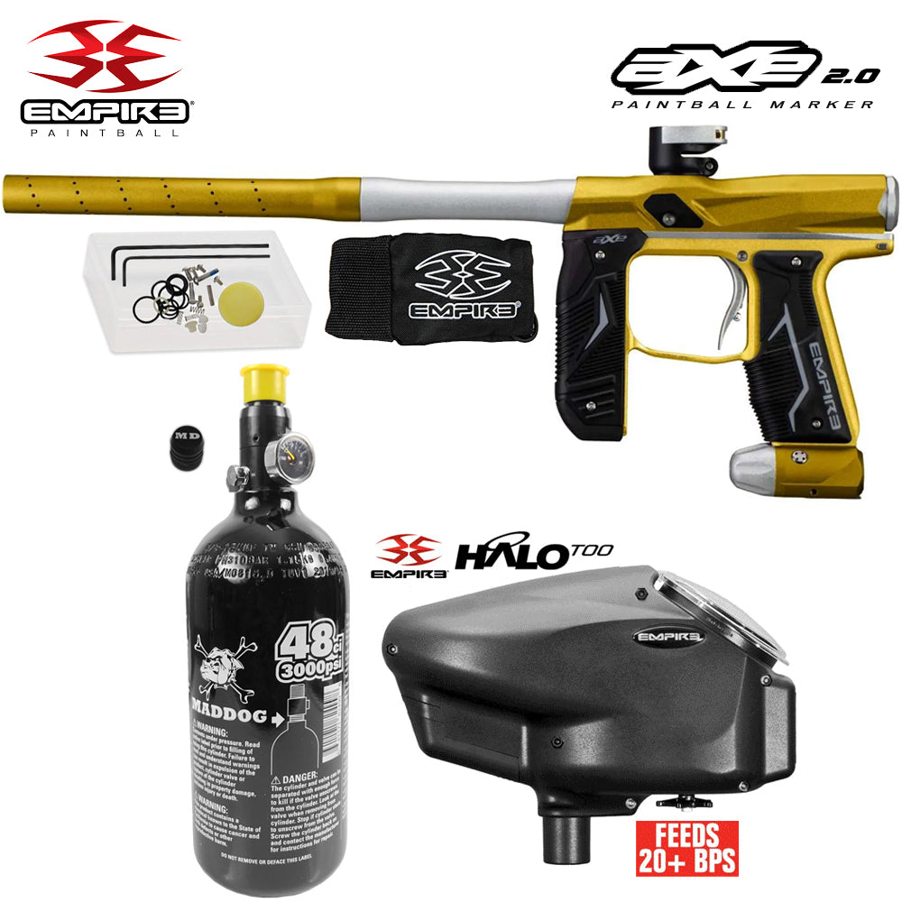 Empire Axe 2.0  Electronic Full Auto Paintball Gun Starter Package w/ 48/3000 Compressed Air HPA Paintball Tank & Empire Halo Too Electronic Paintball Loader