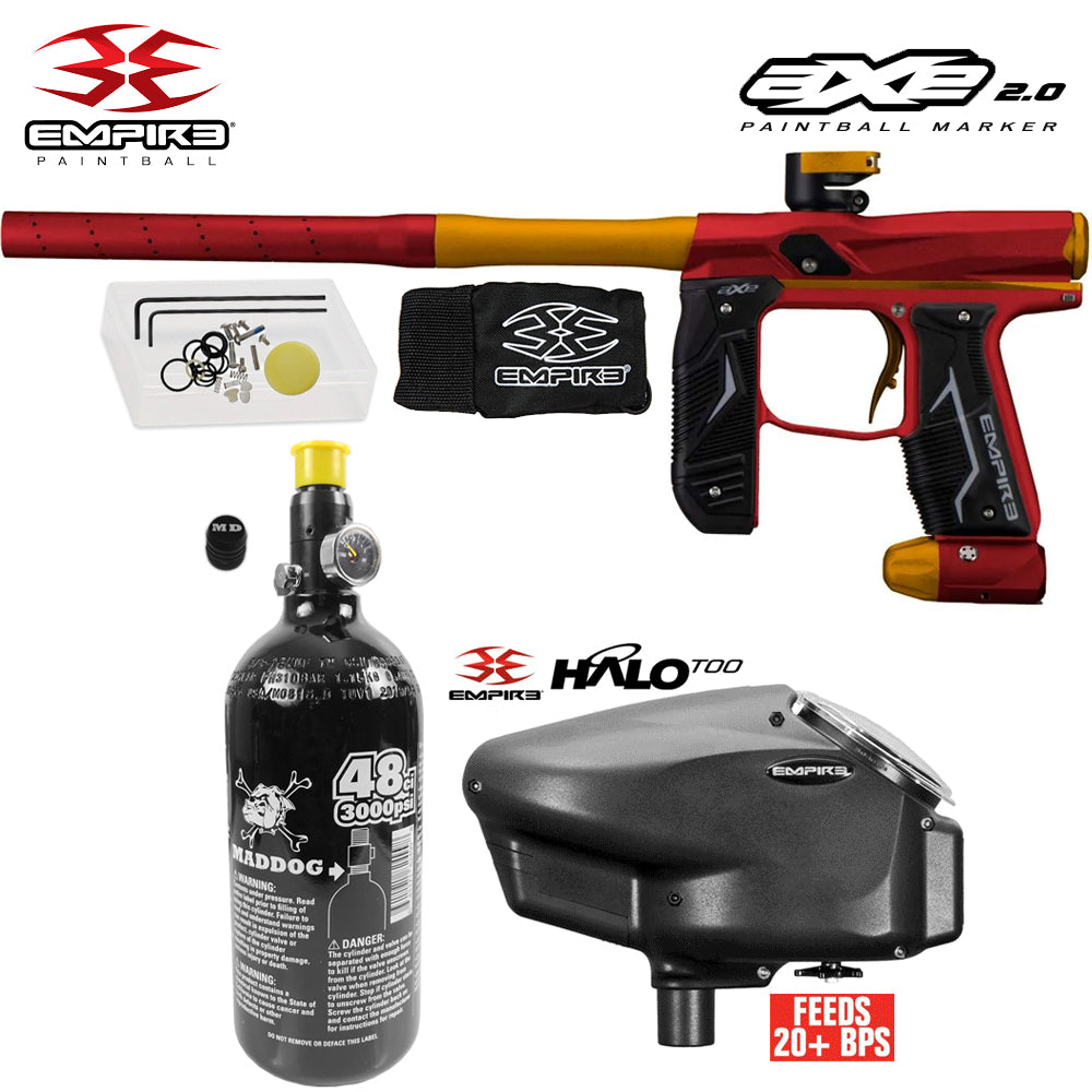 Empire Axe 2.0  Electronic Full Auto Paintball Gun Starter Package w/ 48/3000 Compressed Air HPA Paintball Tank & Empire Halo Too Electronic Paintball Loader