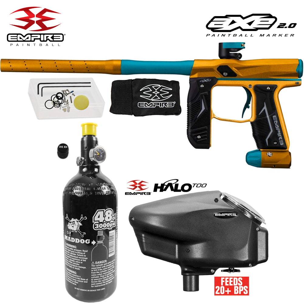 Empire Axe 2.0  Electronic Full Auto Paintball Gun Starter Package w/ 48/3000 Compressed Air HPA Paintball Tank & Empire Halo Too Electronic Paintball Loader