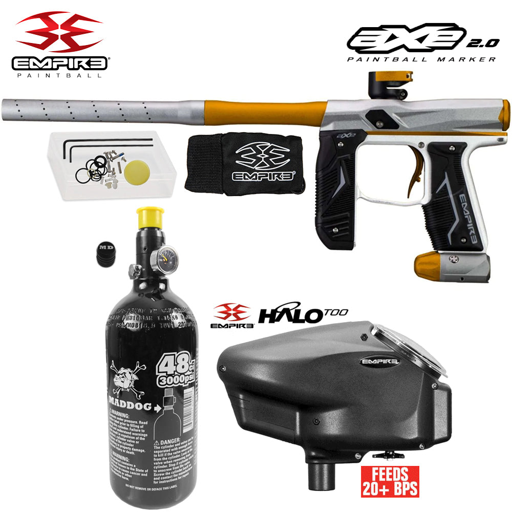 Empire Axe 2.0  Electronic Full Auto Paintball Gun Starter Package w/ 48/3000 Compressed Air HPA Paintball Tank & Empire Halo Too Electronic Paintball Loader
