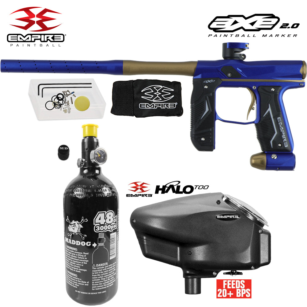 Empire Axe 2.0  Electronic Full Auto Paintball Gun Starter Package w/ 48/3000 Compressed Air HPA Paintball Tank & Empire Halo Too Electronic Paintball Loader