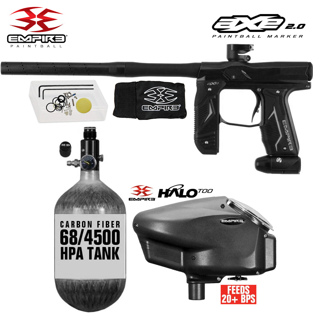 Empire Axe 2.0  Electronic Full Auto Paintball Gun Starter Package w/ 68/4500 Carbon Fiber Compressed Air HPA Paintball Tank & Empire Halo Too Electronic Paintball Loader