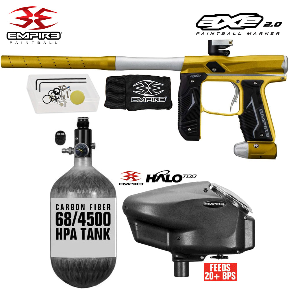 Empire Axe 2.0  Electronic Full Auto Paintball Gun Starter Package w/ 68/4500 Carbon Fiber Compressed Air HPA Paintball Tank & Empire Halo Too Electronic Paintball Loader