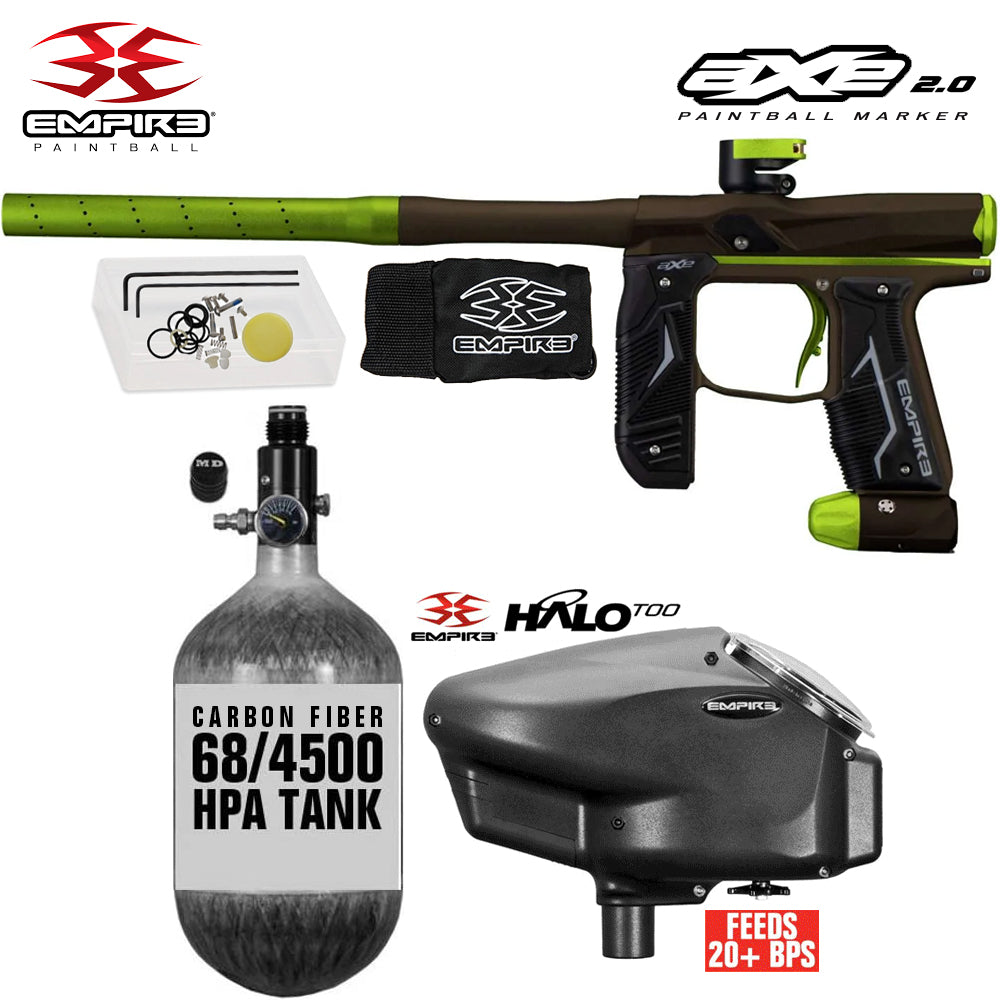 Empire Axe 2.0  Electronic Full Auto Paintball Gun Starter Package w/ 68/4500 Carbon Fiber Compressed Air HPA Paintball Tank & Empire Halo Too Electronic Paintball Loader