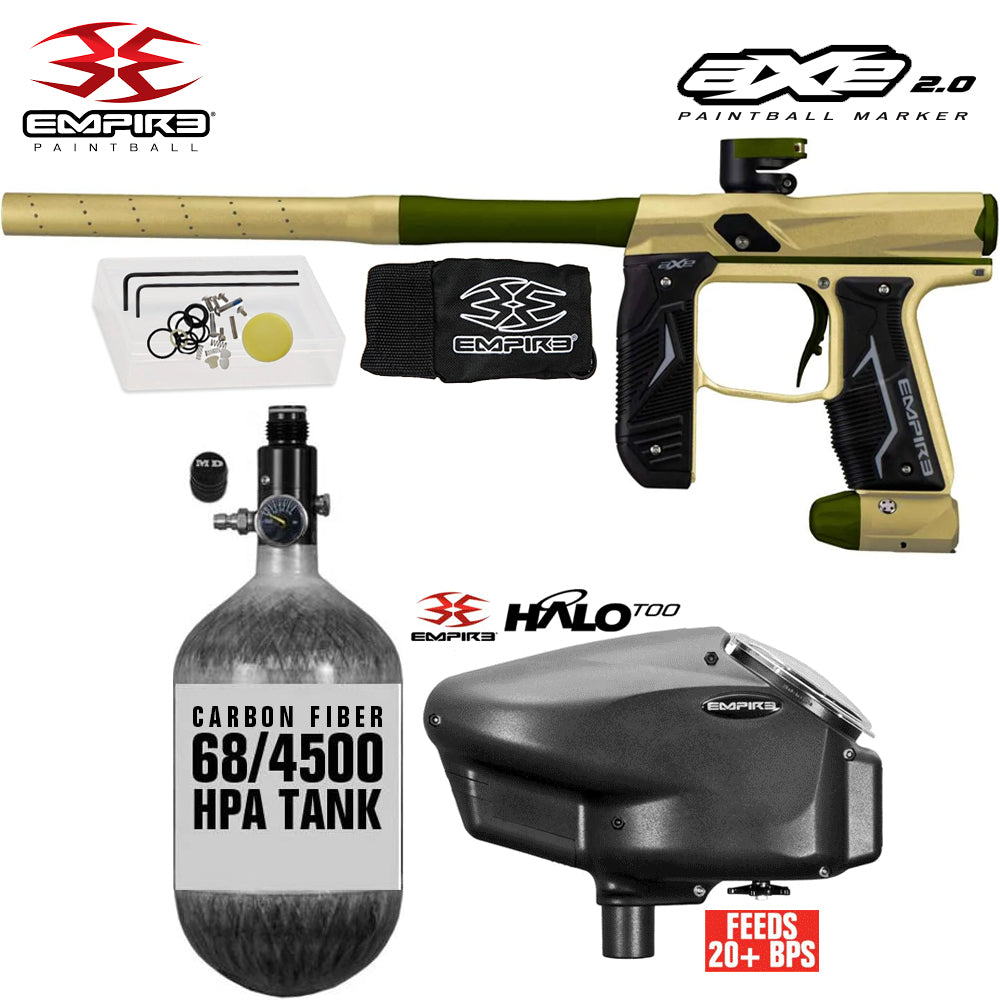 Empire Axe 2.0  Electronic Full Auto Paintball Gun Starter Package w/ 68/4500 Carbon Fiber Compressed Air HPA Paintball Tank & Empire Halo Too Electronic Paintball Loader