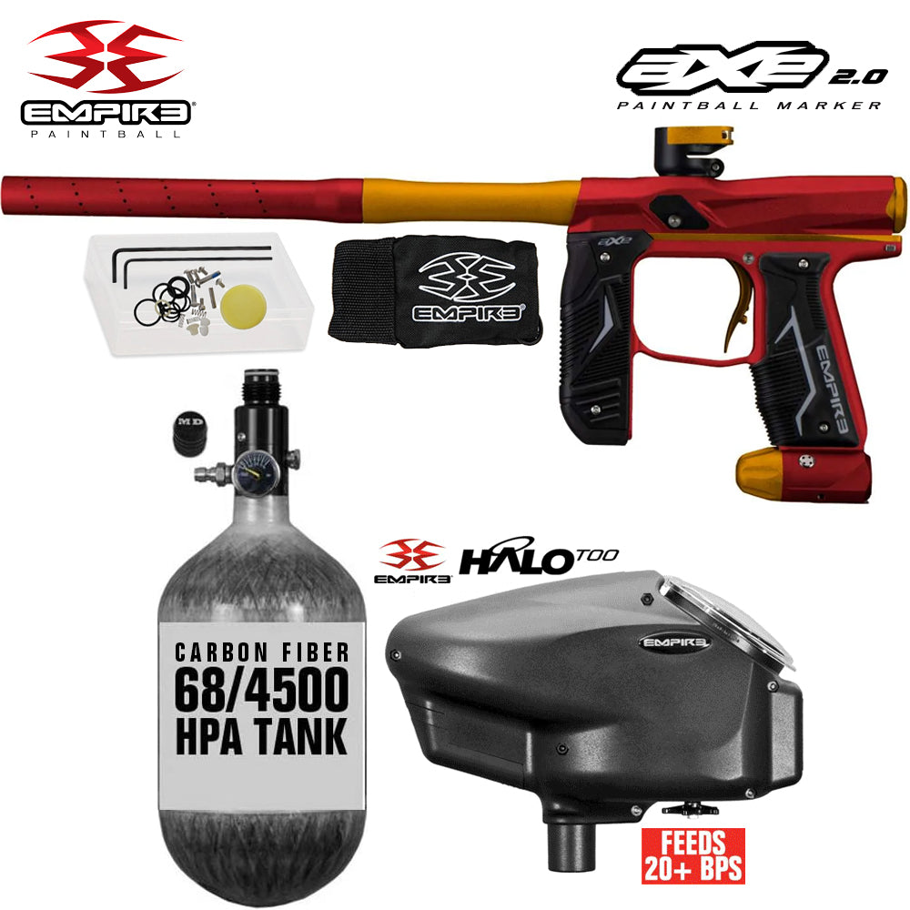 Empire Axe 2.0  Electronic Full Auto Paintball Gun Starter Package w/ 68/4500 Carbon Fiber Compressed Air HPA Paintball Tank & Empire Halo Too Electronic Paintball Loader