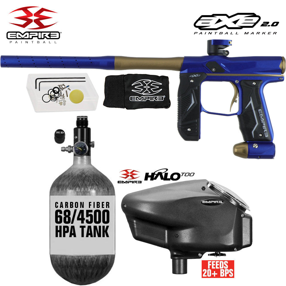 Empire Axe 2.0  Electronic Full Auto Paintball Gun Starter Package w/ 68/4500 Carbon Fiber Compressed Air HPA Paintball Tank & Empire Halo Too Electronic Paintball Loader
