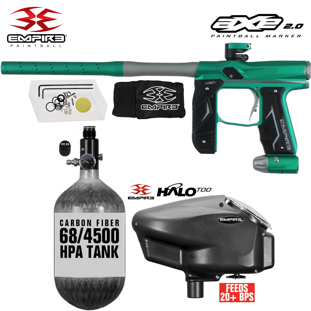 Empire Axe 2.0  Electronic Full Auto Paintball Gun Starter Package w/ 68/4500 Carbon Fiber Compressed Air HPA Paintball Tank & Empire Halo Too Electronic Paintball Loader