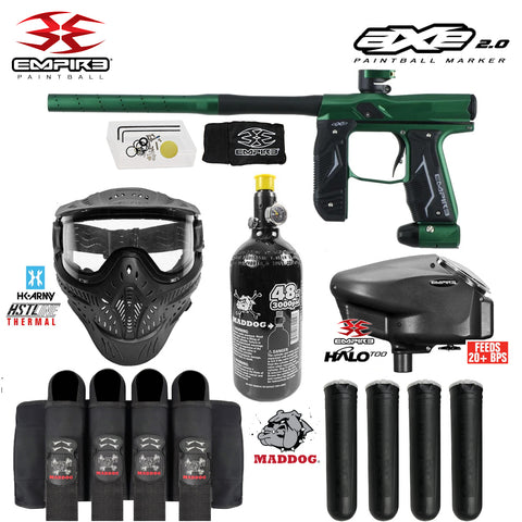 Empire Axe 2.0 Electronic Full Auto Paintball Gun Starter Package w/ HK Army THERMAL HSTL Paintball Mask, 48/3000 Compressed Air HPA Paintball Tank, Empire Halo Too Electronic Paintball Loader, & Paintball Harness Pod Pack