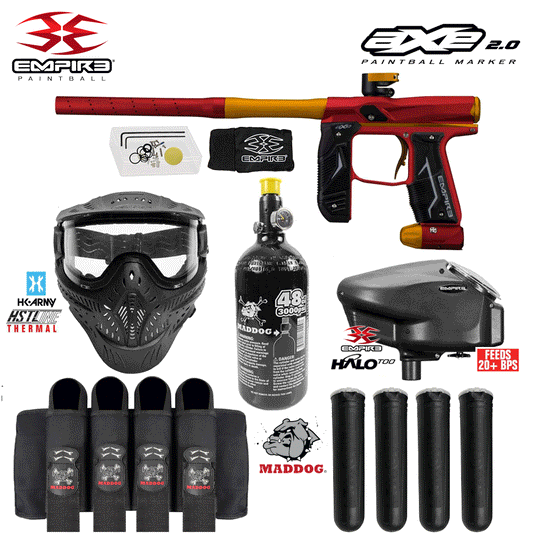 Empire Axe 2.0 Electronic Full Auto Paintball Gun Starter Package w/ HK Army THERMAL HSTL Paintball Mask, 48/3000 Compressed Air HPA Paintball Tank, Empire Halo Too Electronic Paintball Loader, & Paintball Harness Pod Pack