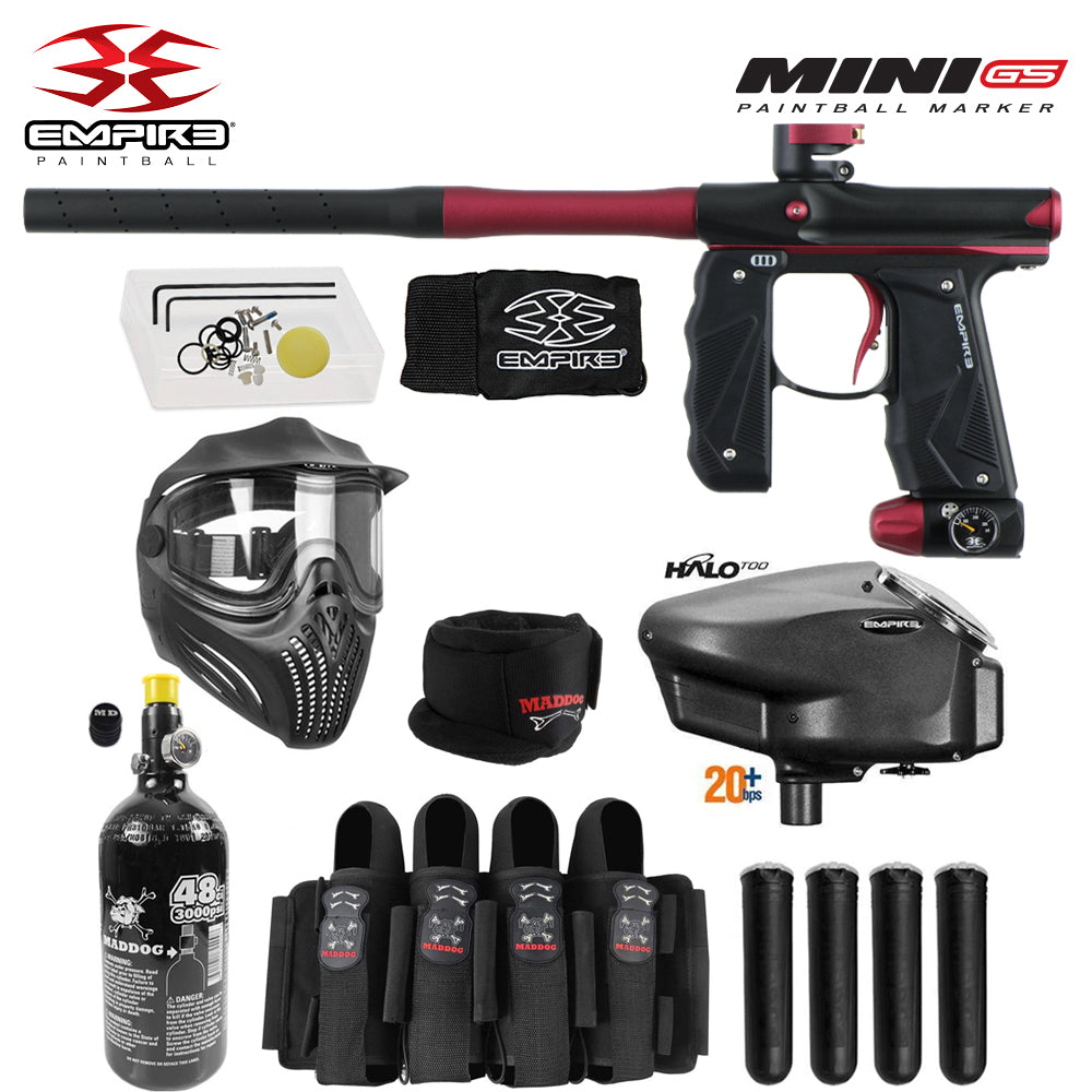 Empire Mini GS Full Auto Paintball Gun Marker w/ 48/3000 HPA Tank, Empire Halo Too Loader, Empire Helix Thermal Mask, Neck Protector, 4+3 Harness & (4) Pods Starter Package